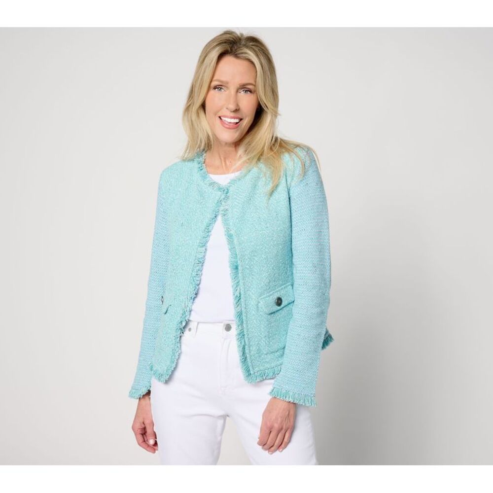 NIC+ZOE Women's Jacket Sz M NIC + ZOE Fringe Mix Knit Pocket Blue A653693
